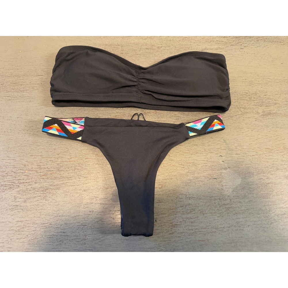 NWOT L*Space Black Bandeau Bikini Set Itsy Cut Bottoms Embroidered Straps XS